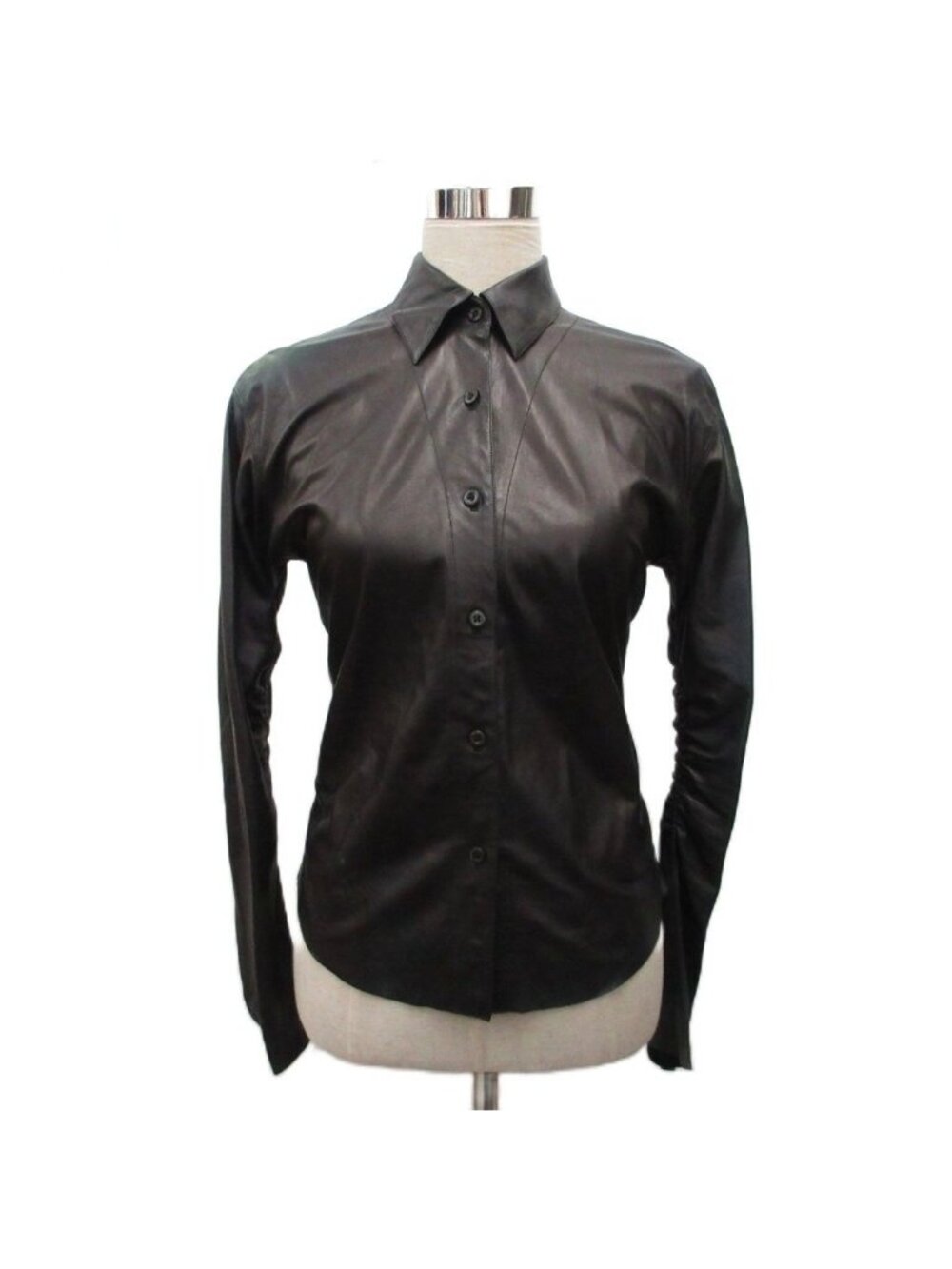 Prada Leather Shirt Long Sleeve Gathered Deformed Black 42